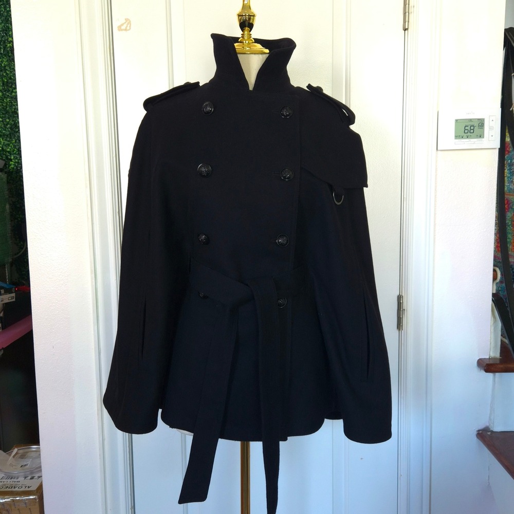 Banana Republic Wool Cape Coat Women XL Black Excellent Double Breasted Belted